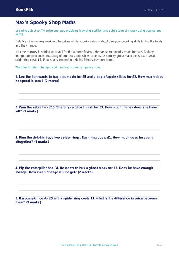 Free Halloween Maths Track Sheet | Year 1 Core | BookFlik worksheet preview — Maths Halloween Maths