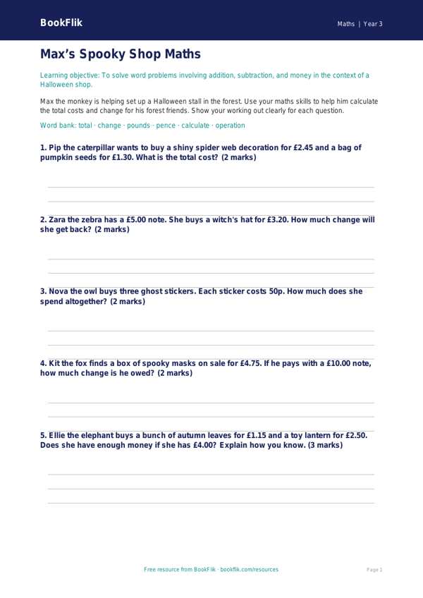 Free Halloween Maths Activity Sheet | Year 3 Core | BookFlik worksheet preview — Maths Halloween Maths