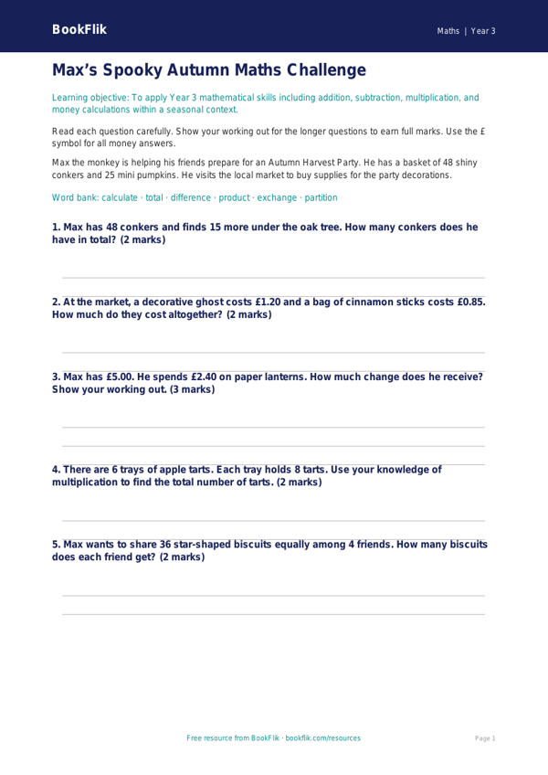 Free Halloween Maths Assessment | Year 3 Core | BookFlik worksheet preview — Maths Halloween Maths