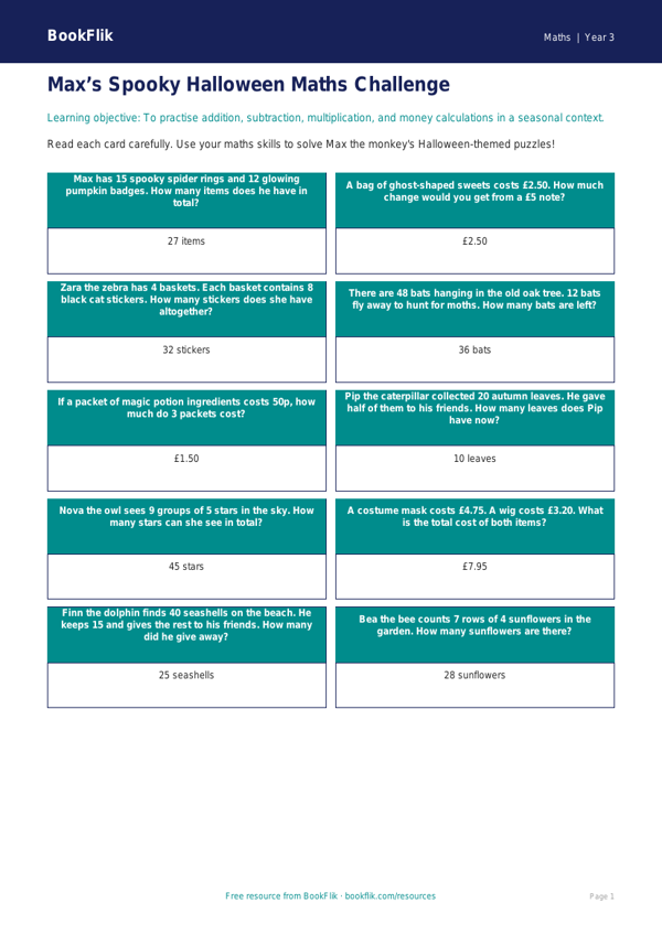 Free Halloween Maths Flashcards | Year 3 Core | BookFlik worksheet preview — Maths Halloween Maths