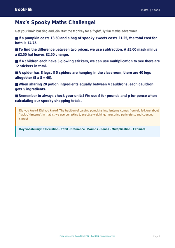 Free Halloween Maths Poster | Year 3 Core | BookFlik worksheet preview — Maths Halloween Maths