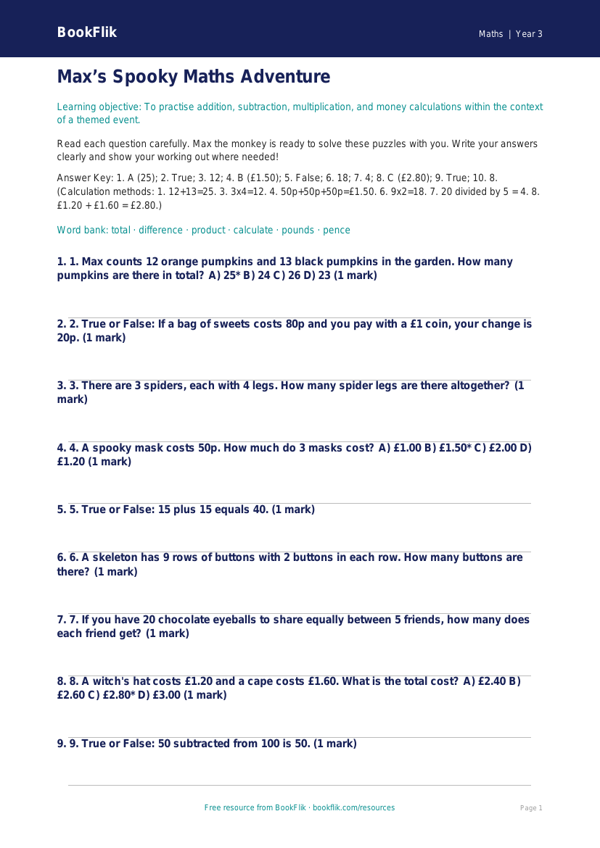 Free Halloween Maths Quiz | Year 3 Core | BookFlik worksheet preview — Maths Halloween Maths