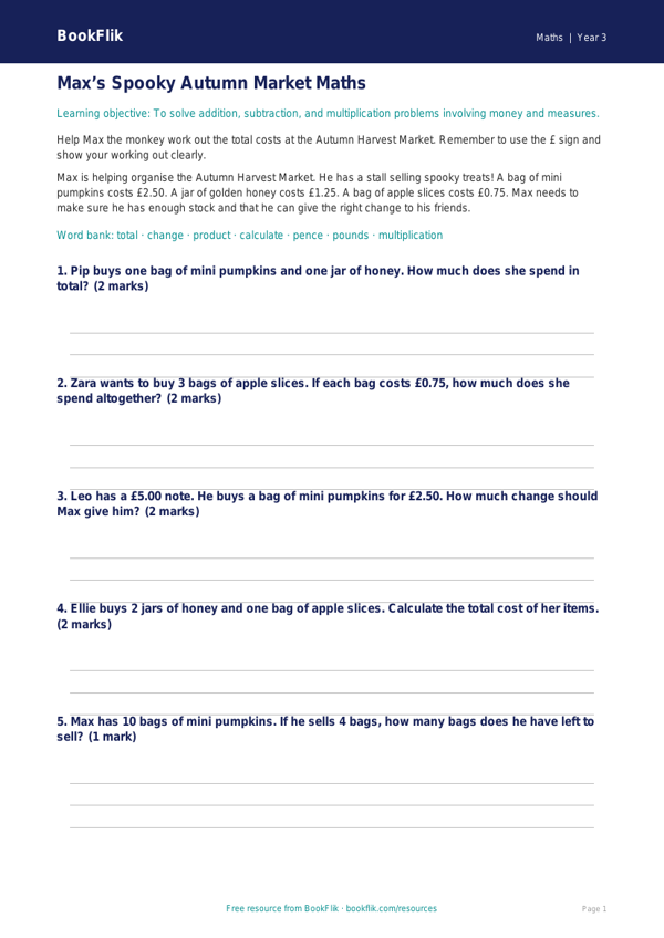 Free Halloween Maths Track Sheet | Year 3 Core | BookFlik worksheet preview — Maths Halloween Maths