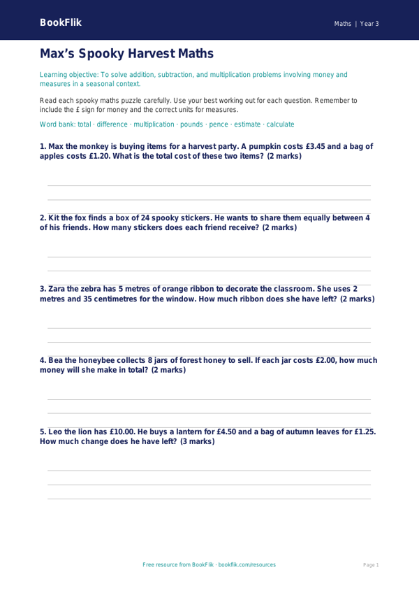 Free Halloween Maths Worksheet | Year 3 Core | BookFlik worksheet preview — Maths Halloween Maths