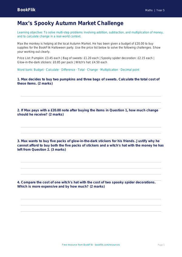 Free Halloween Maths Activity Sheet | Year 5 Greater Depth | BookFlik worksheet preview — Maths Halloween Maths