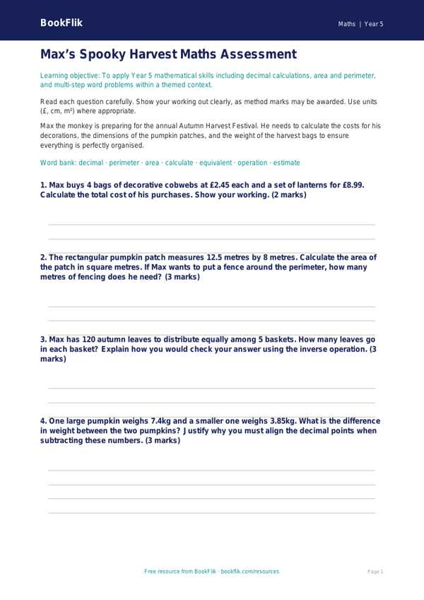 Free Halloween Maths Assessment | Year 5 Greater Depth | BookFlik worksheet preview — Maths Halloween Maths