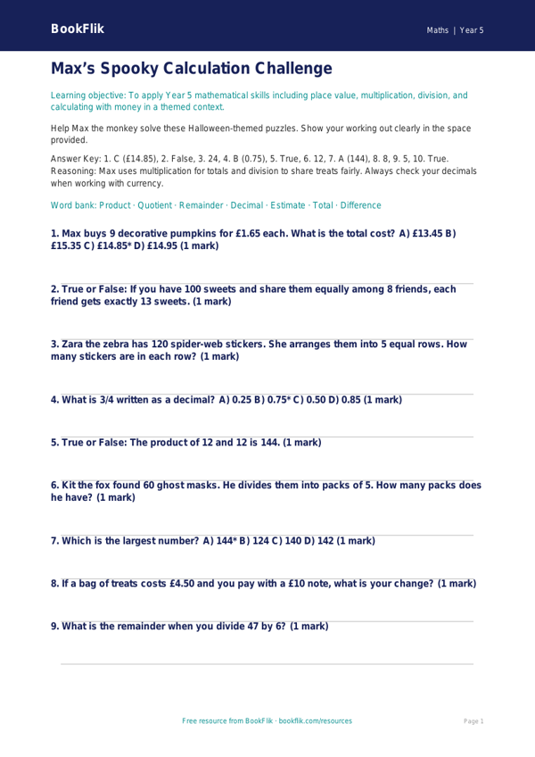 Free Halloween Maths Quiz | Year 5 Greater Depth | BookFlik worksheet preview — Maths Halloween Maths