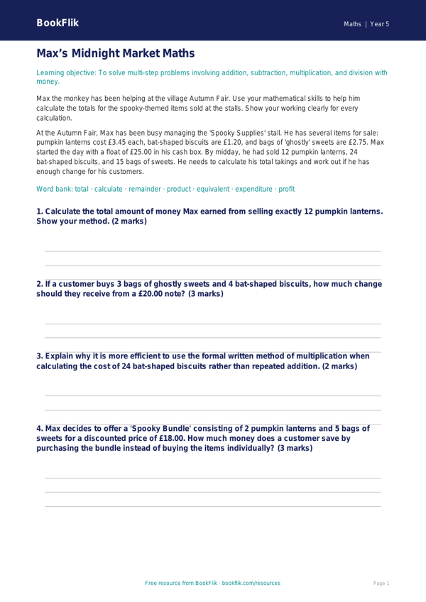 Free Halloween Maths Track Sheet | Year 5 Greater Depth | BookFlik worksheet preview — Maths Halloween Maths