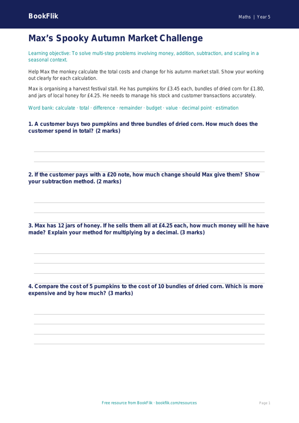 Free Halloween Maths Worksheet | Year 5 Greater Depth | BookFlik worksheet preview — Maths Halloween Maths