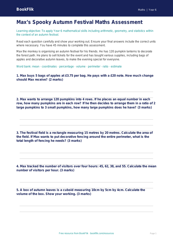 Free Halloween Maths Assessment | Year 6 Core | BookFlik worksheet preview — Maths Halloween Maths