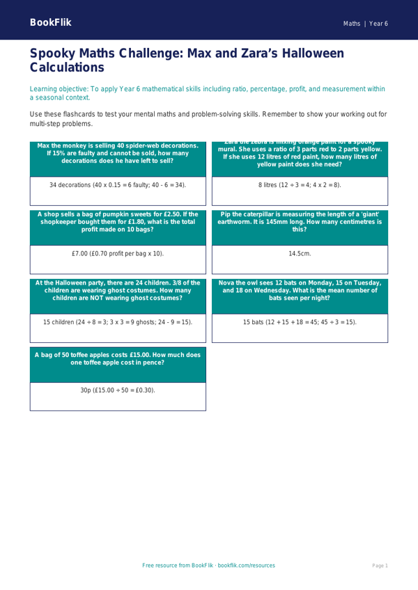 Free Halloween Maths Flashcards | Year 6 Core | BookFlik worksheet preview — Maths Halloween Maths