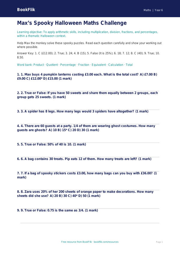 Free Halloween Maths Quiz | Year 6 Core | BookFlik worksheet preview — Maths Halloween Maths