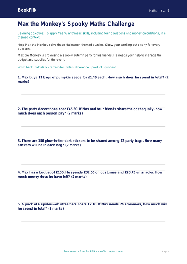 Free Halloween Maths Worksheet | Year 6 Core | BookFlik worksheet preview — Maths Halloween Maths