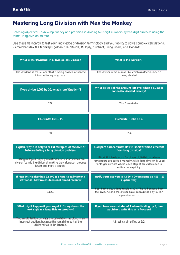 Free Long Division Flashcards | Year 5 Greater Depth | BookFlik worksheet preview — Maths Long Division