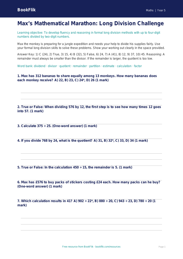 Free Long Division Quiz | Year 5 Greater Depth | BookFlik worksheet preview — Maths Long Division