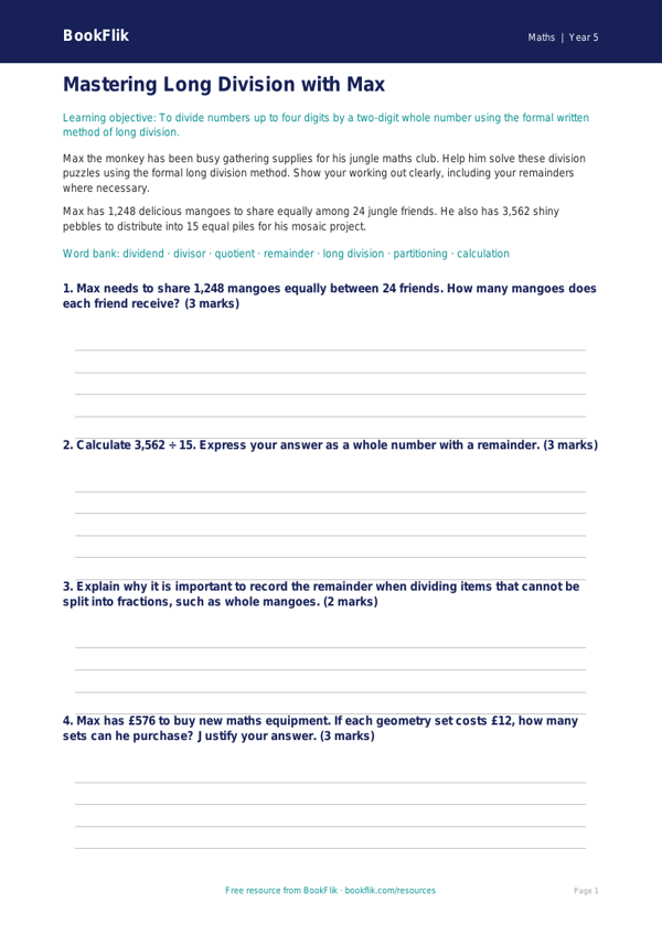 Free Long Division Worksheet | Year 5 Greater Depth | BookFlik worksheet preview — Maths Long Division