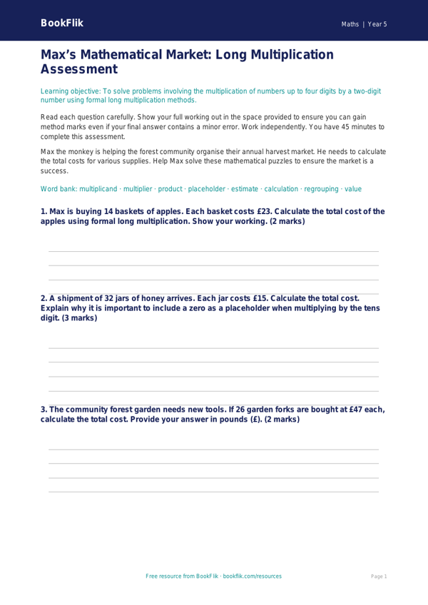 Free Long Multiplication Assessment | Year 5 Greater Depth | BookFlik worksheet preview — Maths Long Multiplication