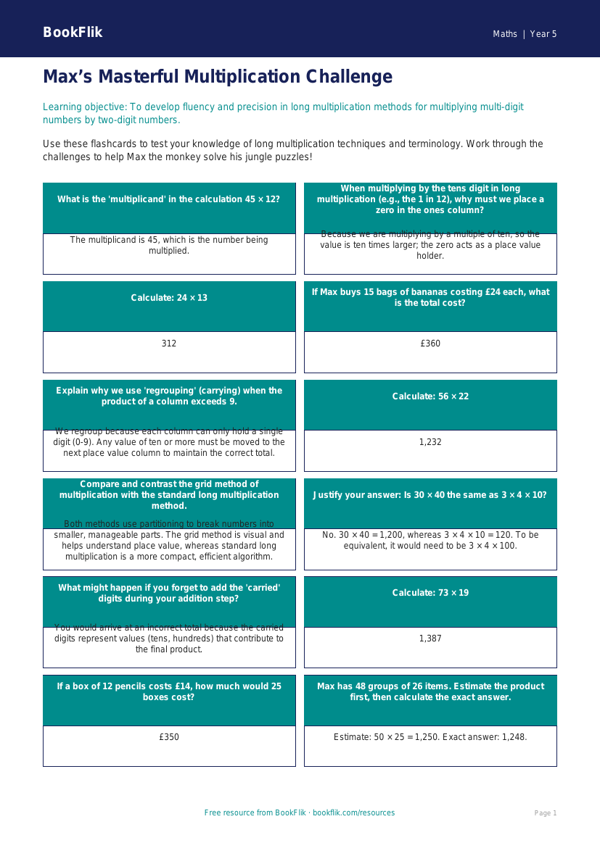 Free Long Multiplication Flashcards | Year 5 Greater Depth | BookFlik worksheet preview — Maths Long Multiplication
