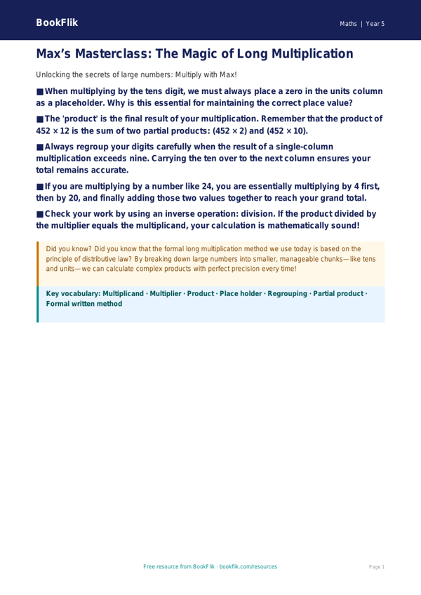Free Long Multiplication Poster | Year 5 Greater Depth | BookFlik worksheet preview — Maths Long Multiplication