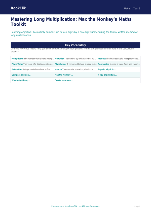 Free Long Multiplication Word Mat | Year 5 Greater Depth | BookFlik worksheet preview — Maths Long Multiplication