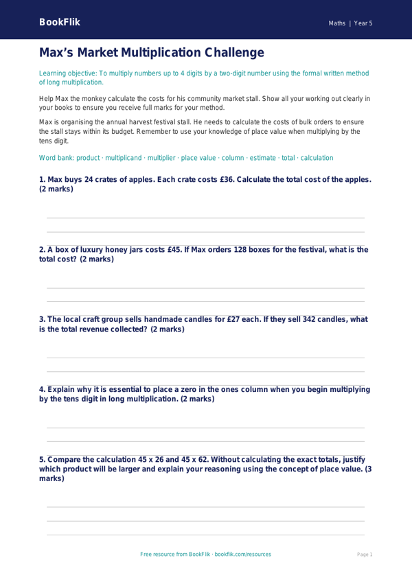 Free Long Multiplication Worksheet | Year 5 Greater Depth | BookFlik worksheet preview — Maths Long Multiplication