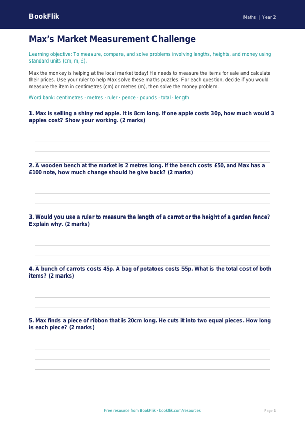 Free Measurement Activity Sheet | Year 2 Core | BookFlik worksheet preview — Maths Measurement