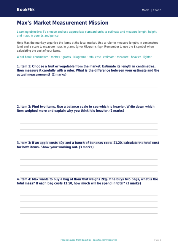 Free Measurement Template | Year 2 Core | BookFlik worksheet preview — Maths Measurement