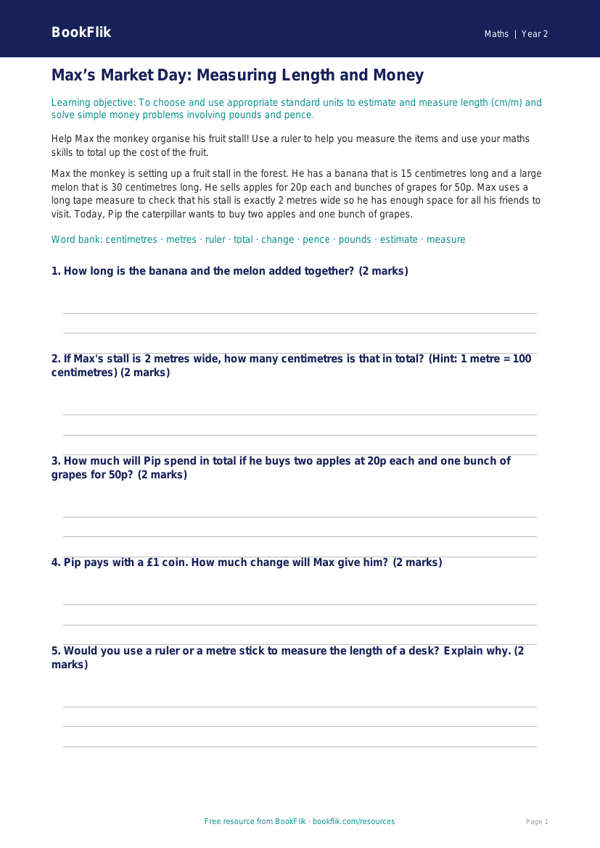 Free Measurement Track Sheet | Year 2 Core | BookFlik worksheet preview — Maths Measurement