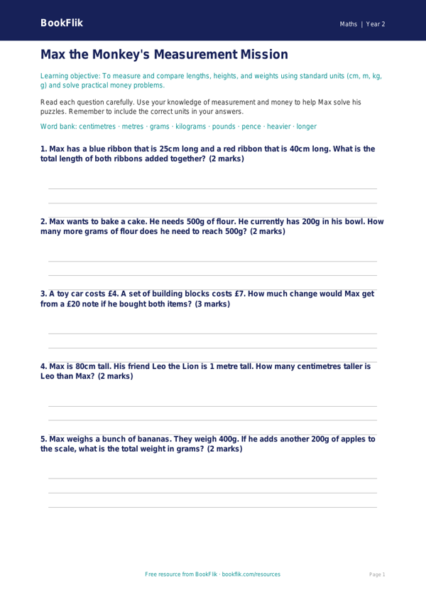 Free Measurement Worksheet | Year 2 Core | BookFlik worksheet preview — Maths Measurement