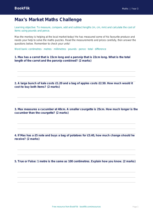 Free Measurement Activity Sheet | Year 3 Core | BookFlik worksheet preview — Maths Measurement