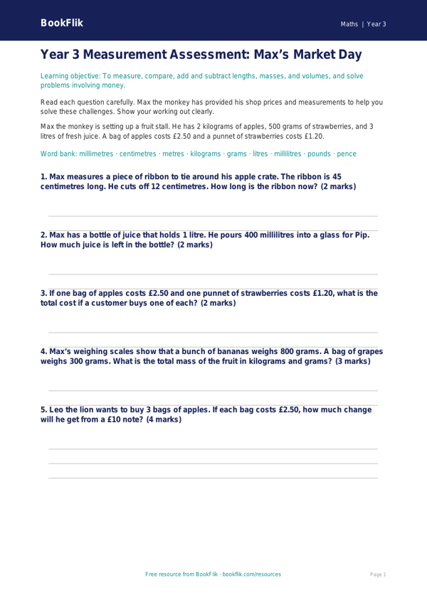 Free Measurement Assessment | Year 3 Core | BookFlik worksheet preview — Maths Measurement