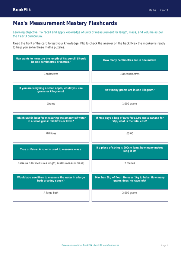 Free Measurement Flashcards | Year 3 Core | BookFlik worksheet preview — Maths Measurement
