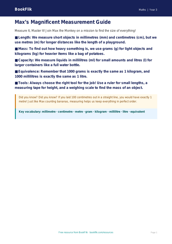 Free Measurement Poster | Year 3 Core | BookFlik worksheet preview — Maths Measurement