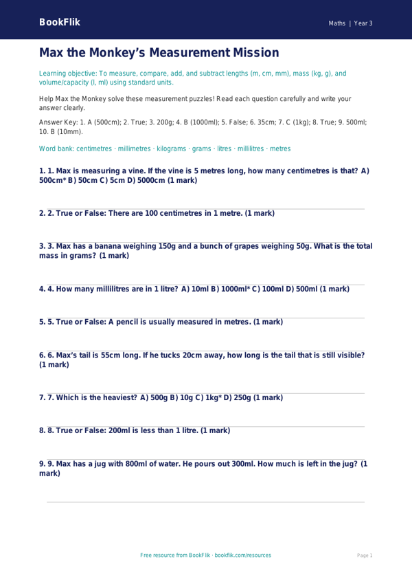 Free Measurement Quiz | Year 3 Core | BookFlik worksheet preview — Maths Measurement