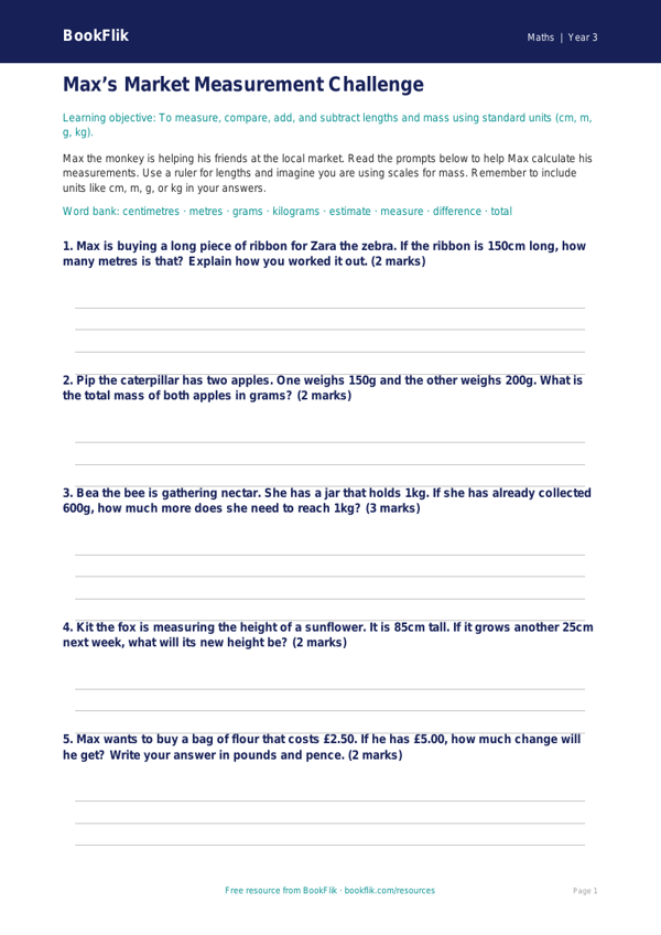 Free Measurement Worksheet | Year 3 Math Practice | BookFlik worksheet preview — Maths Measurement