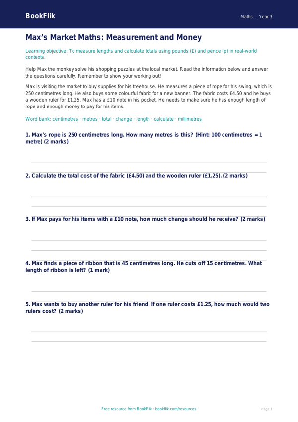 Free Measurement Track Sheet | Year 3 Core | BookFlik worksheet preview — Maths Measurement