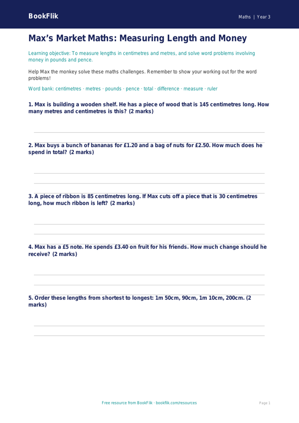 Free Measurement Worksheet | Year 3 Core | BookFlik worksheet preview — Maths Measurement