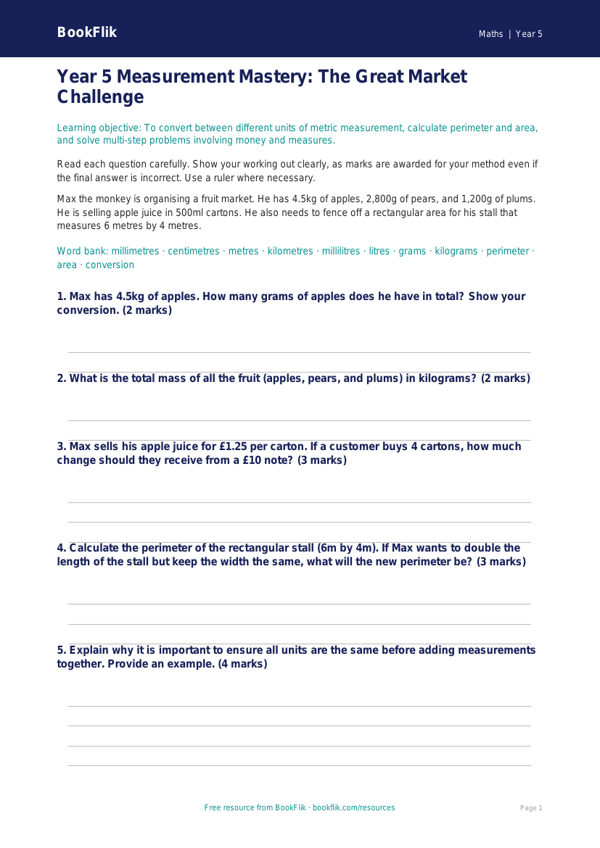 Free Measurement Assessment | Year 5 Greater Depth | BookFlik worksheet preview — Maths Measurement