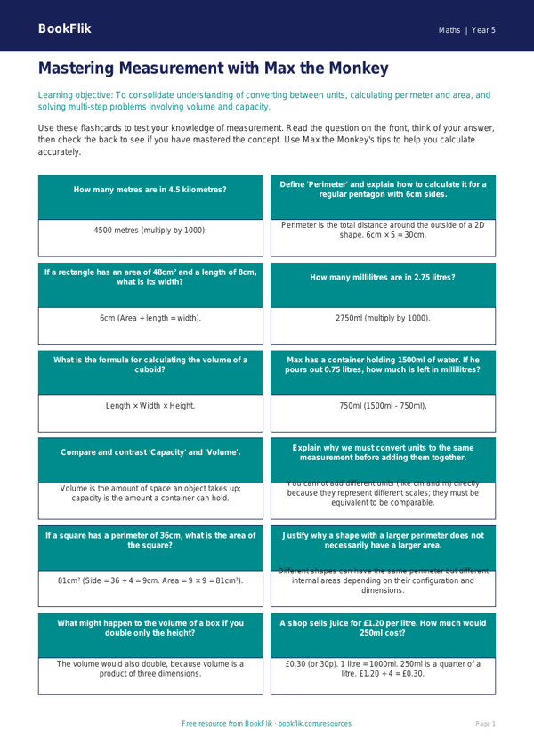 Free Measurement Flashcards | Year 5 Greater Depth | BookFlik worksheet preview — Maths Measurement