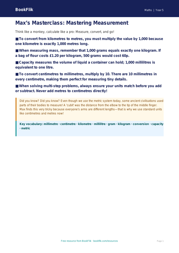 Free Measurement Poster | Year 5 Greater Depth | BookFlik worksheet preview — Maths Measurement