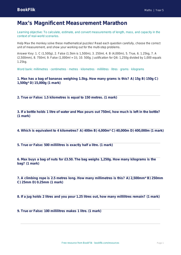 Free Measurement Quiz | Year 5 Greater Depth | BookFlik worksheet preview — Maths Measurement