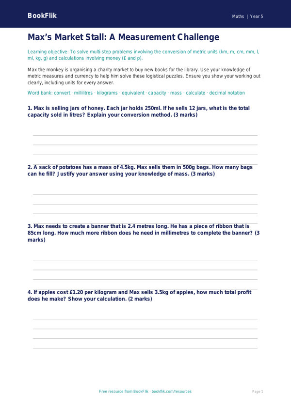 Free Measurement Template | Year 5 Greater Depth | BookFlik worksheet preview — Maths Measurement