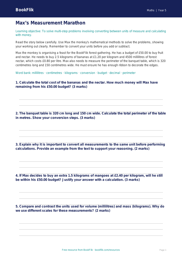 Free Measurement Track Sheet | Year 5 Greater Depth | BookFlik worksheet preview — Maths Measurement