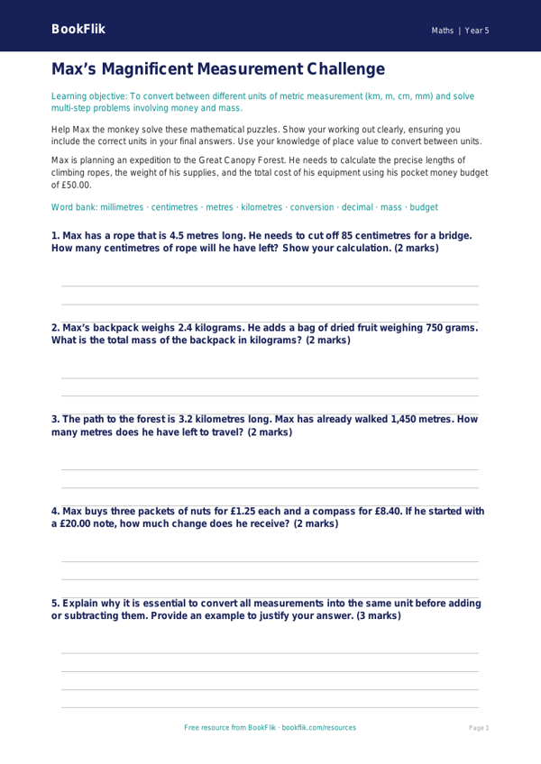 Free Measurement Worksheet | Year 5 Greater Depth | BookFlik worksheet preview — Maths Measurement