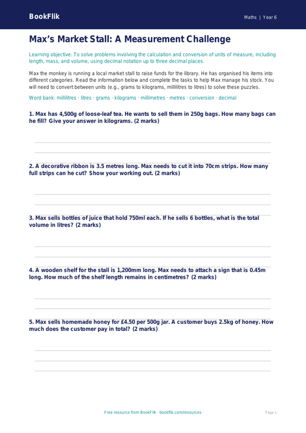Free Measurement Activity Sheet | Year 6 Core | BookFlik worksheet preview — Maths Measurement