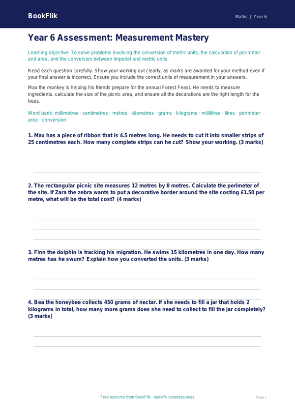 Free Measurement Assessment | Year 6 Core | BookFlik worksheet preview — Maths Measurement
