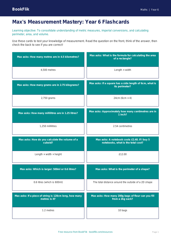 Free Measurement Flashcards | Year 6 Core | BookFlik worksheet preview — Maths Measurement