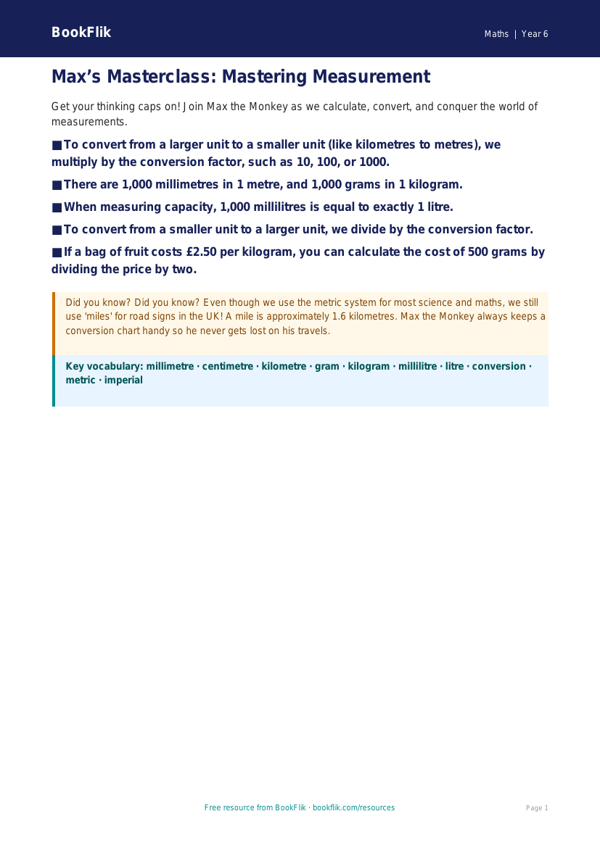 Free Measurement Poster | Year 6 Core | BookFlik worksheet preview — Maths Measurement
