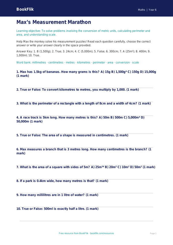 Free Measurement Quiz | Year 6 Core | BookFlik worksheet preview — Maths Measurement