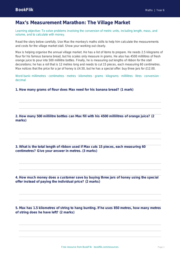 Free Measurement Track Sheet | Year 6 Core | BookFlik worksheet preview — Maths Measurement